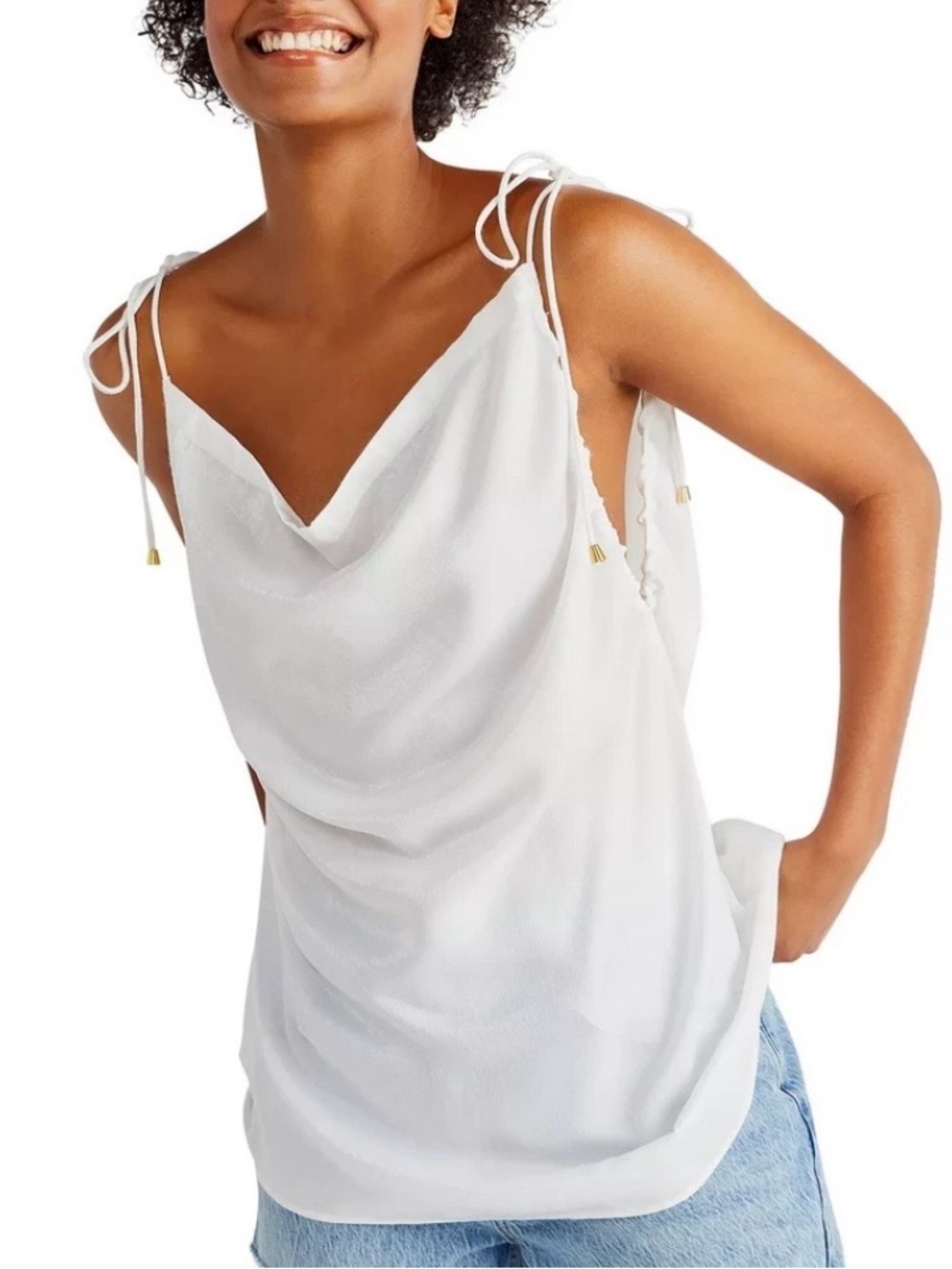 Free People White Hattie Silky Tie-Shoulder Cowl Neck Tunic Tank NWTS Sz M